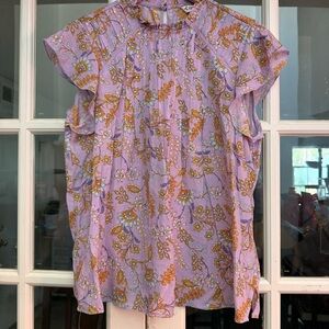 Nanette Light Purple and Orange Paisley Floral High Neck Ruffle Sleeve Top